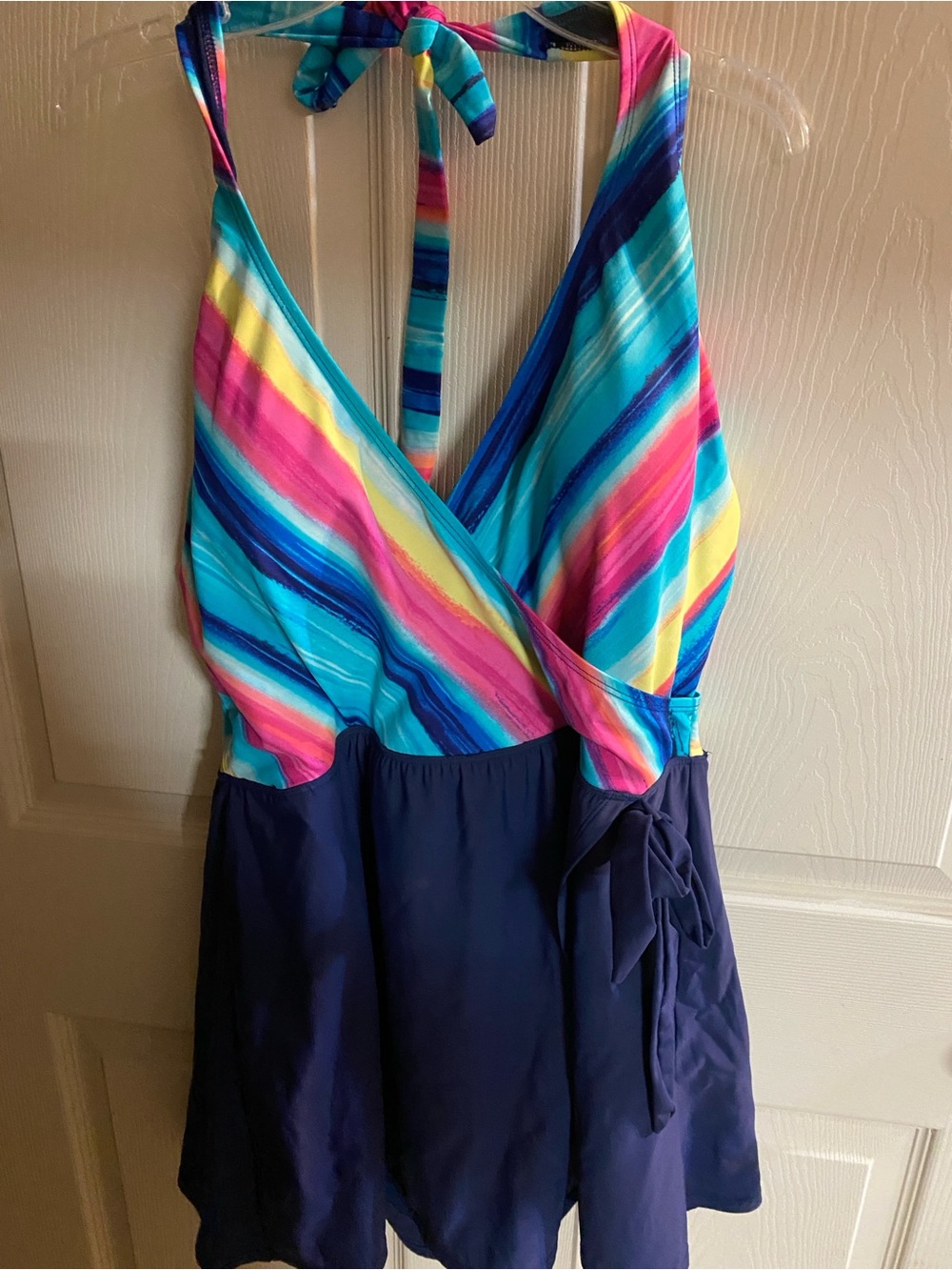 Multicolor Striped Halter Women’s Swim Dress with Navy Skirt